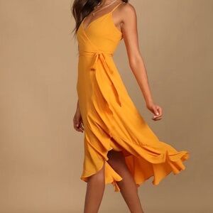 Lulus Manhattan Moment Bright Orange Ruffled Midi Wrap Dress